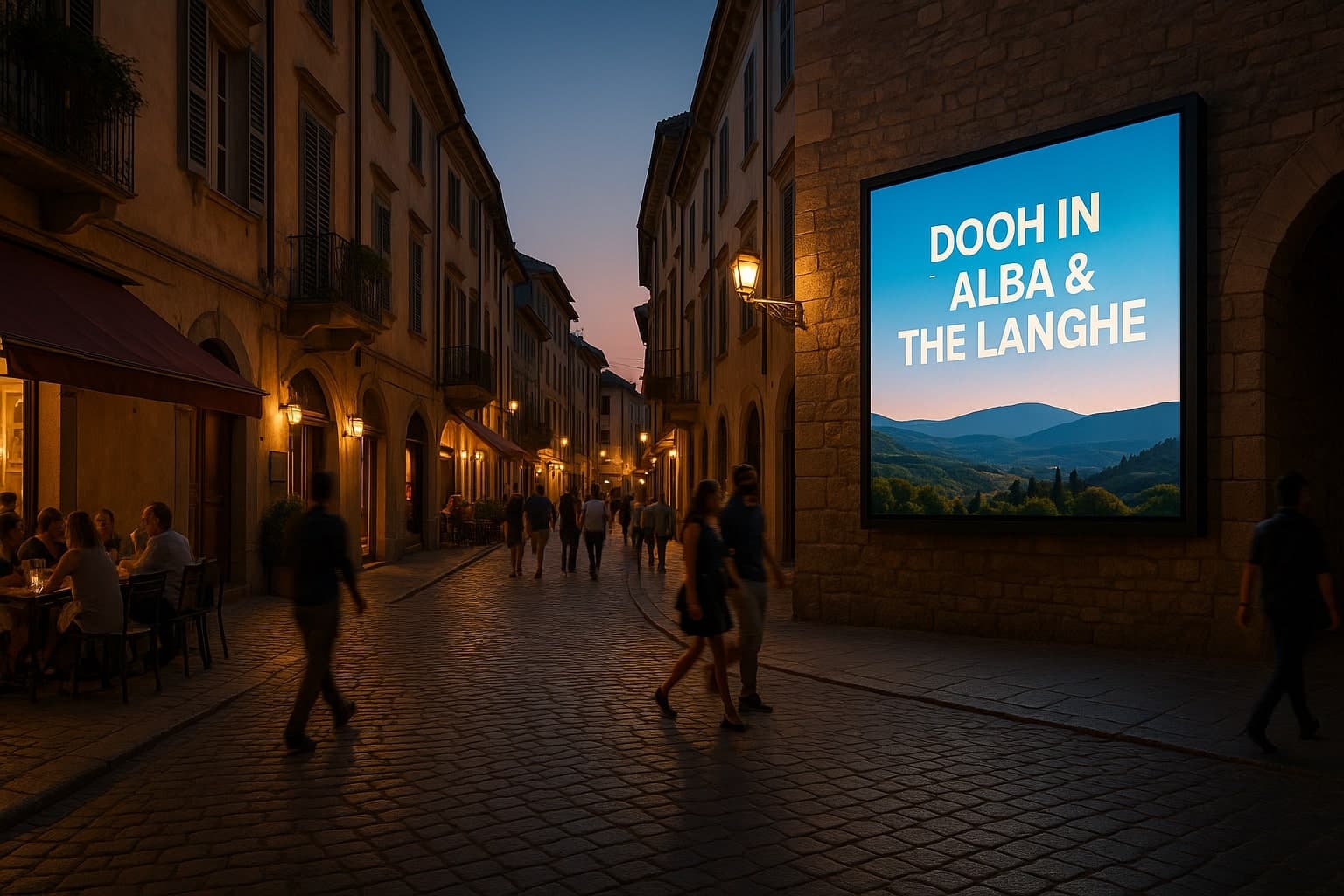 DOOH in Alba digital billboard on an evening street in Alba, Italy.